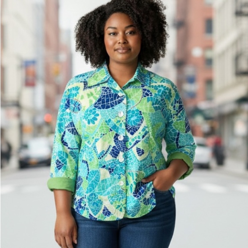 Sara Studio Women's Blazer Jacket Leaf Print Design Lined Green Blue Size M